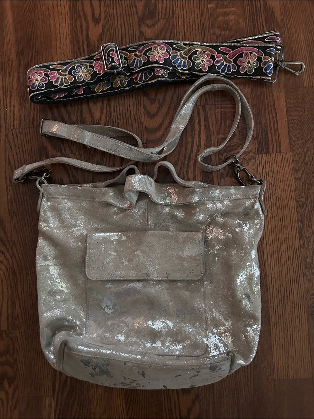 Latico Leather Metallic Silver Crossbody Bag with Bonus Floral Embroidered Strap